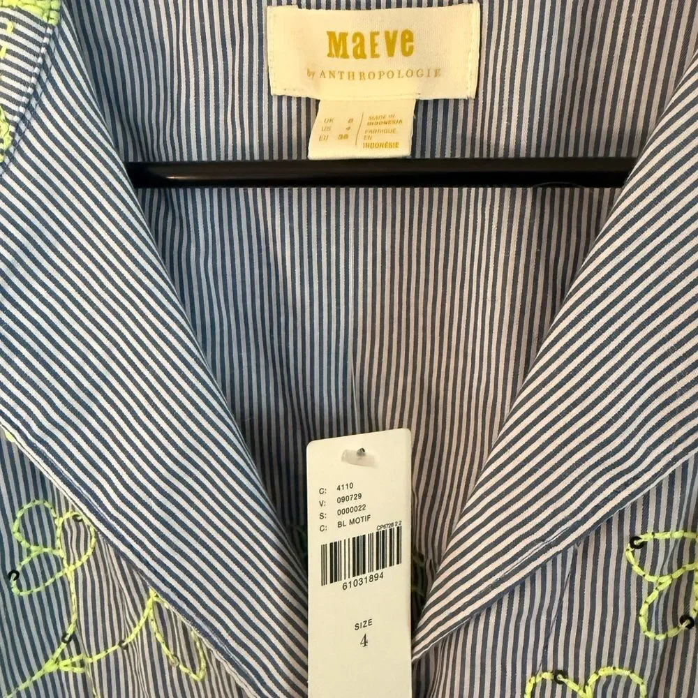 Maeve Blue Stripe Button-Front Blouse with Floral Embroidery 4 NWT